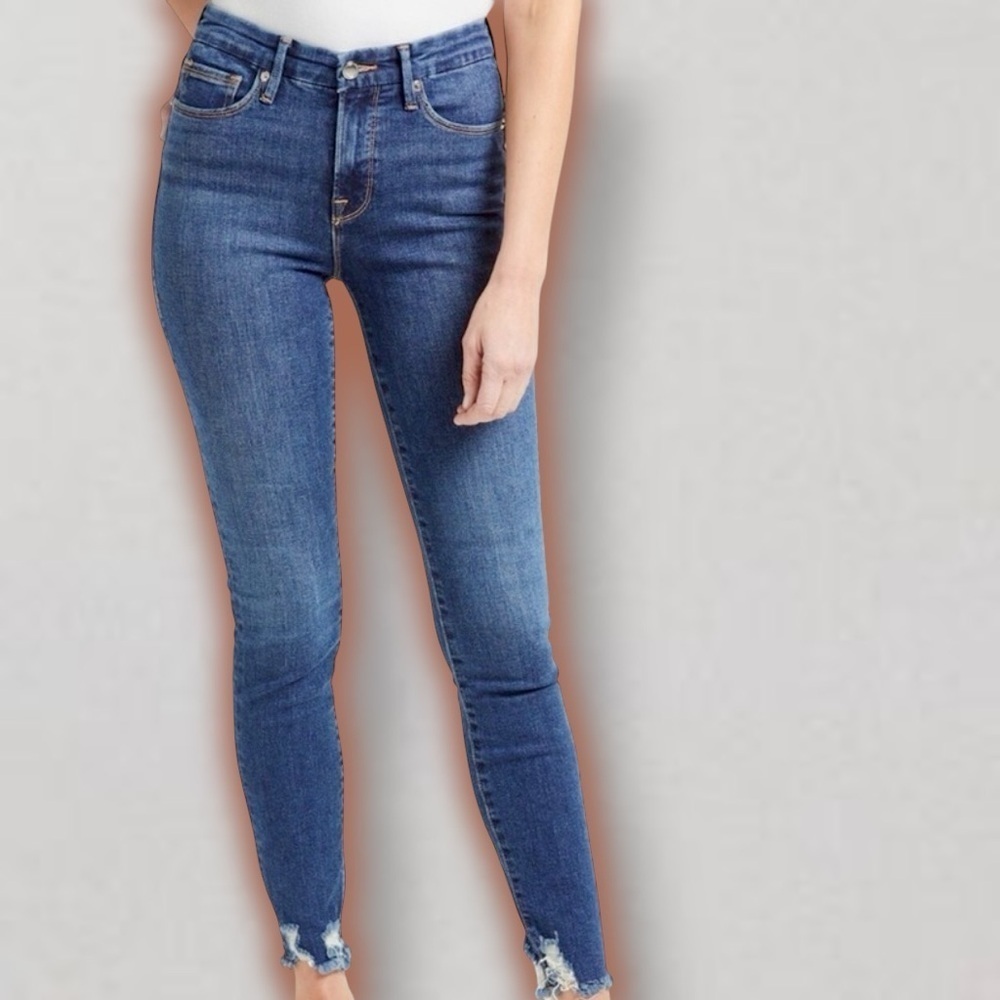 Good American ‘Good Legs’ Distressed Fray Hem Jeans in “Blue429” Wash Size 31